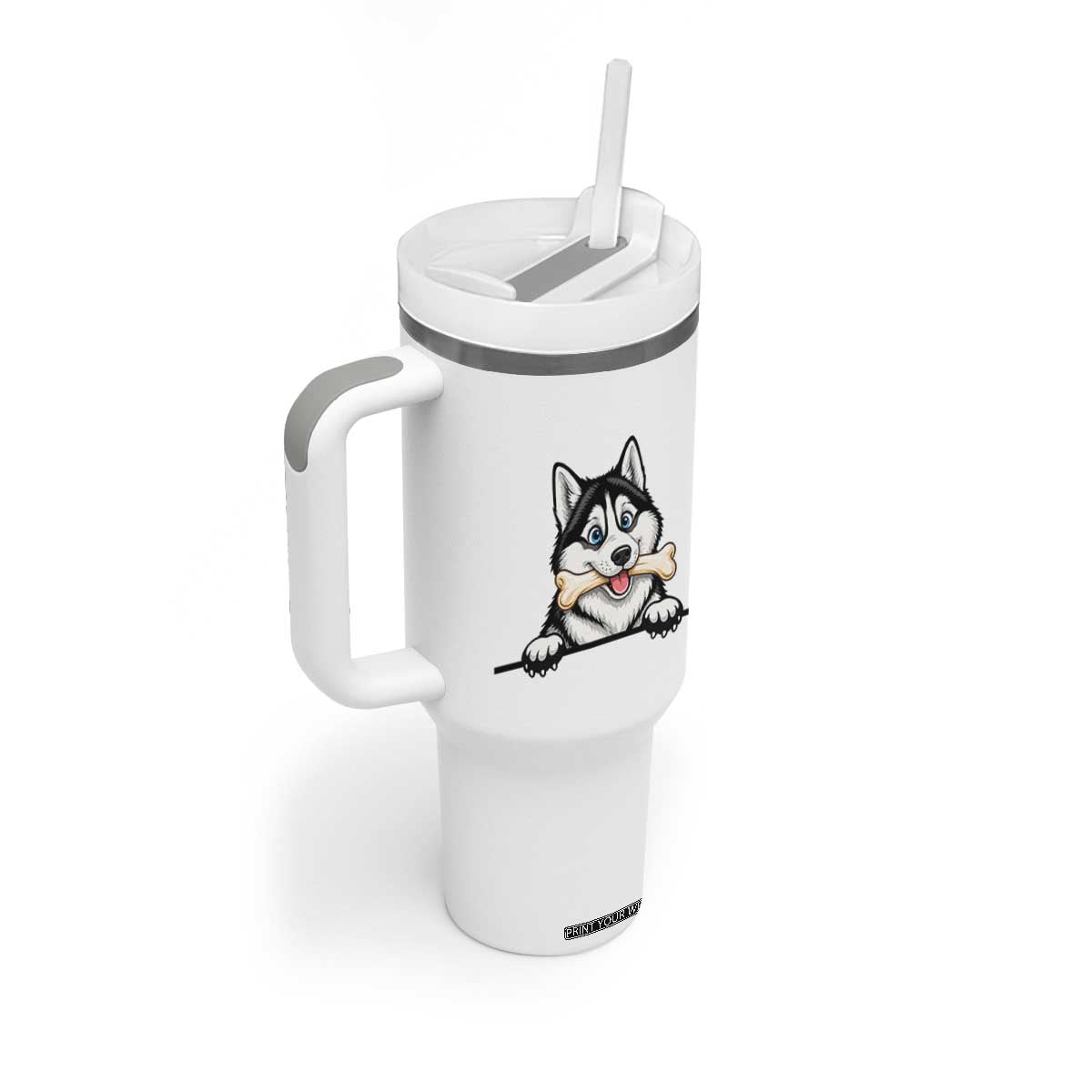 Cute Siberian Husky Puppy Tumbler With Handle Chewing Bone Meme TS12 Print Your Wear