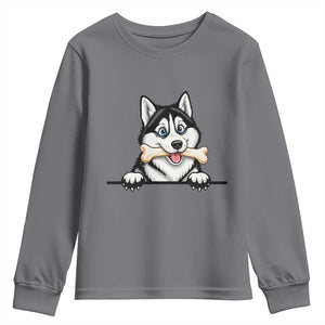 Cute Siberian Husky Puppy Youth Sweatshirt Chewing Bone Meme TS12 Charcoal Print Your Wear