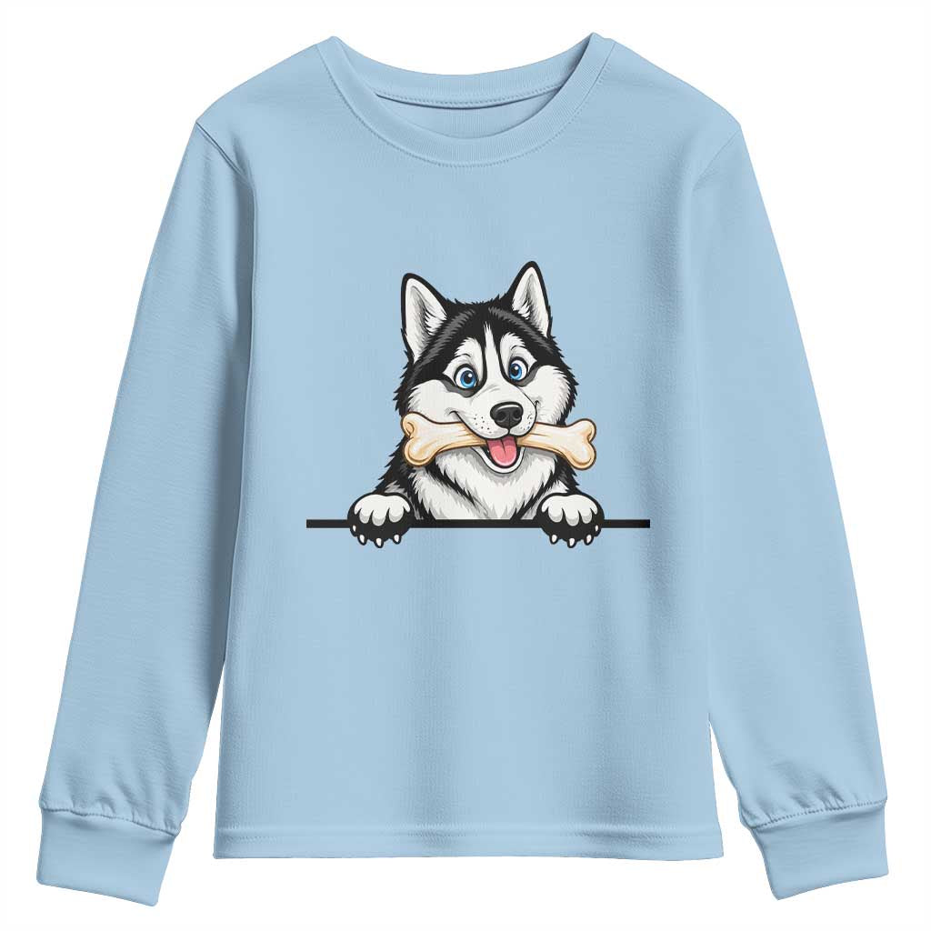 Cute Siberian Husky Puppy Youth Sweatshirt Chewing Bone Meme TS12 Light Blue Print Your Wear