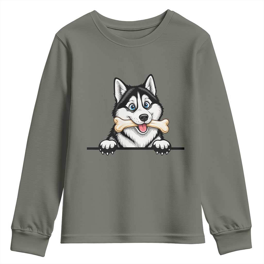 Cute Siberian Husky Puppy Youth Sweatshirt Chewing Bone Meme TS12 Military Green Print Your Wear