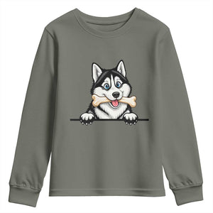 Cute Siberian Husky Puppy Youth Sweatshirt Chewing Bone Meme TS12 Military Green Print Your Wear
