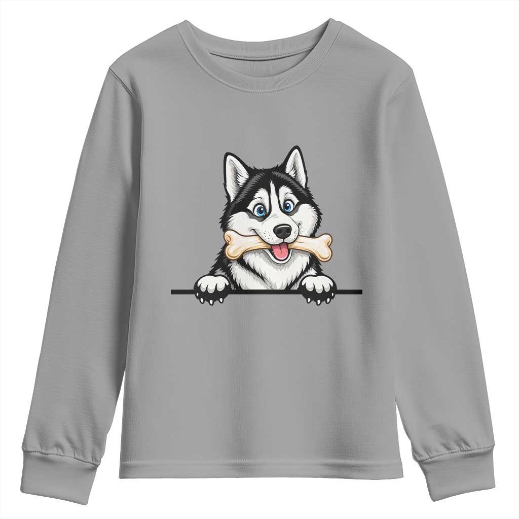 Cute Siberian Husky Puppy Youth Sweatshirt Chewing Bone Meme TS12 Sport Gray Print Your Wear