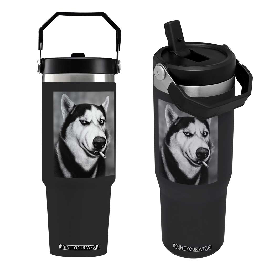 Smoking Siberian Husky Meme Flip Straw Tumbler Funny Dog Face Gift For Dog Lovers TS12 One Size: 30 oz Black Print Your Wear