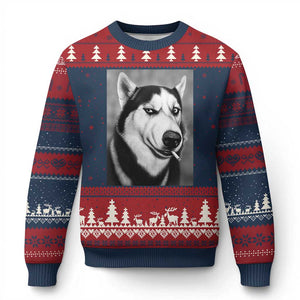 Smoking Siberian Husky Meme Ugly Christmas Sweater Funny Dog Face Gift For Dog Lovers TS12 Navy Red Print Your Wear