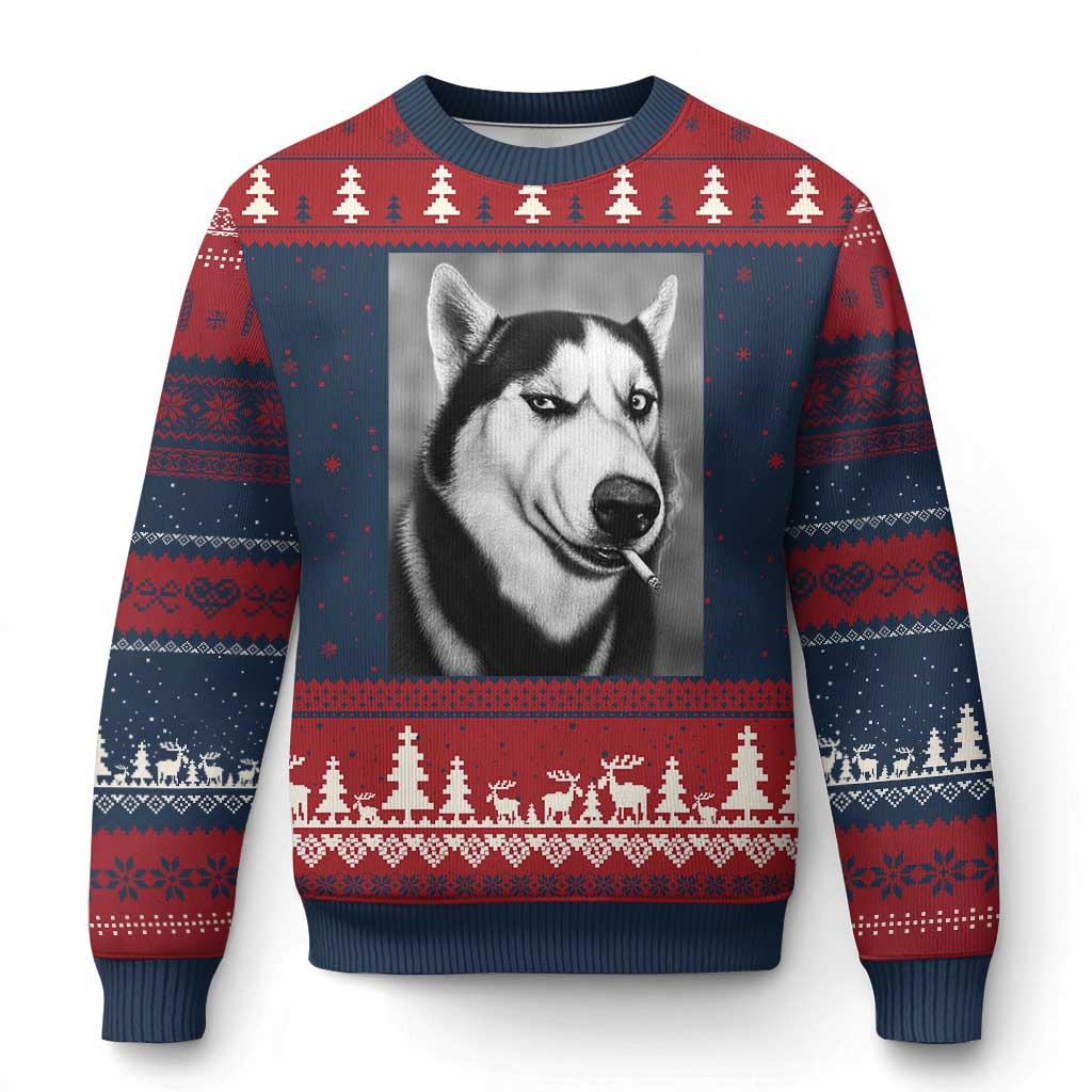 Smoking Siberian Husky Meme Ugly Christmas Sweater Funny Dog Face Gift For Dog Lovers TS12 Navy Red Print Your Wear