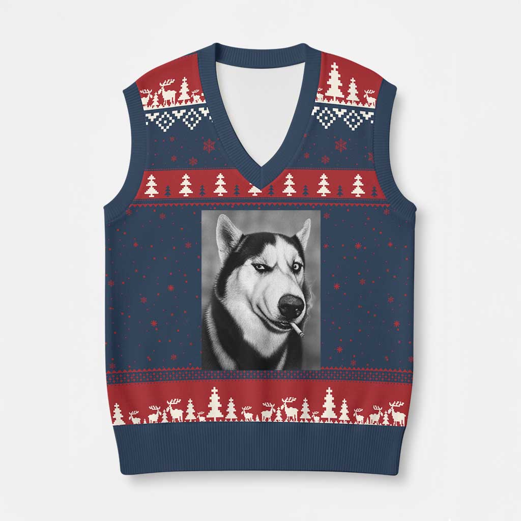 Smoking Siberian Husky Meme V-Neck Knit Sweater Vest Funny Dog Face Gift For Dog Lovers TS12 Navy Red Print Your Wear
