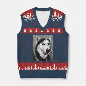 Smoking Siberian Husky Meme V-Neck Knit Sweater Vest Funny Dog Face Gift For Dog Lovers TS12 Navy Red Print Your Wear