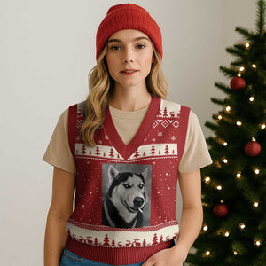 Smoking Siberian Husky Meme V-Neck Knit Sweater Vest Funny Dog Face Gift For Dog Lovers TS12 Red Beige Print Your Wear