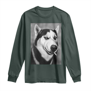 Smoking Siberian Husky Meme Long Sleeve Shirt Funny Dog Face Gift For Dog Lovers TS12 Dark Forest Green Print Your Wear