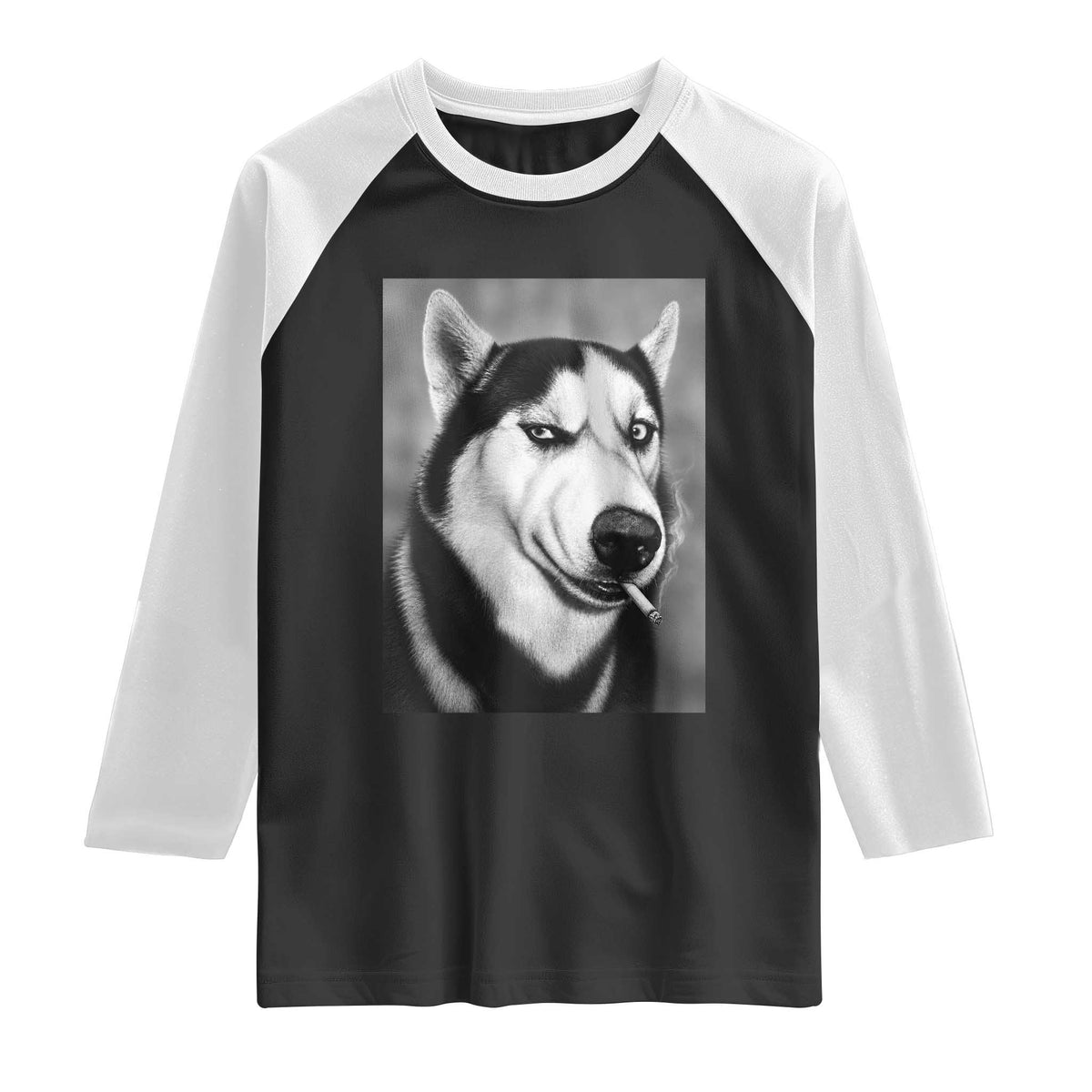 Smoking Siberian Husky Meme Raglan Shirt Funny Dog Face Gift For Dog Lovers TS12 Black White Print Your Wear