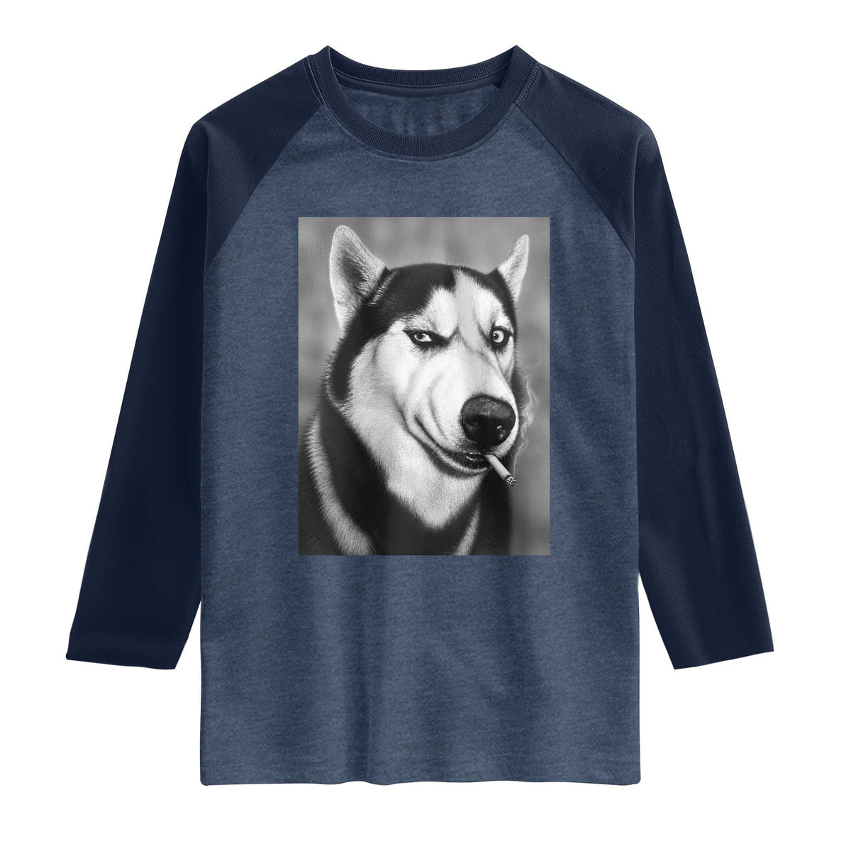 Smoking Siberian Husky Meme Raglan Shirt Funny Dog Face Gift For Dog Lovers TS12 Heather Denim Navy Print Your Wear