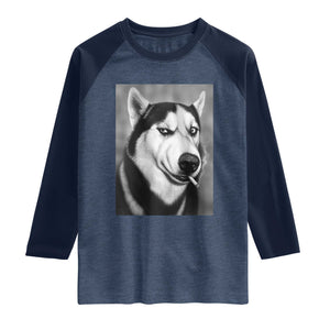 Smoking Siberian Husky Meme Raglan Shirt Funny Dog Face Gift For Dog Lovers TS12 Heather Denim Navy Print Your Wear