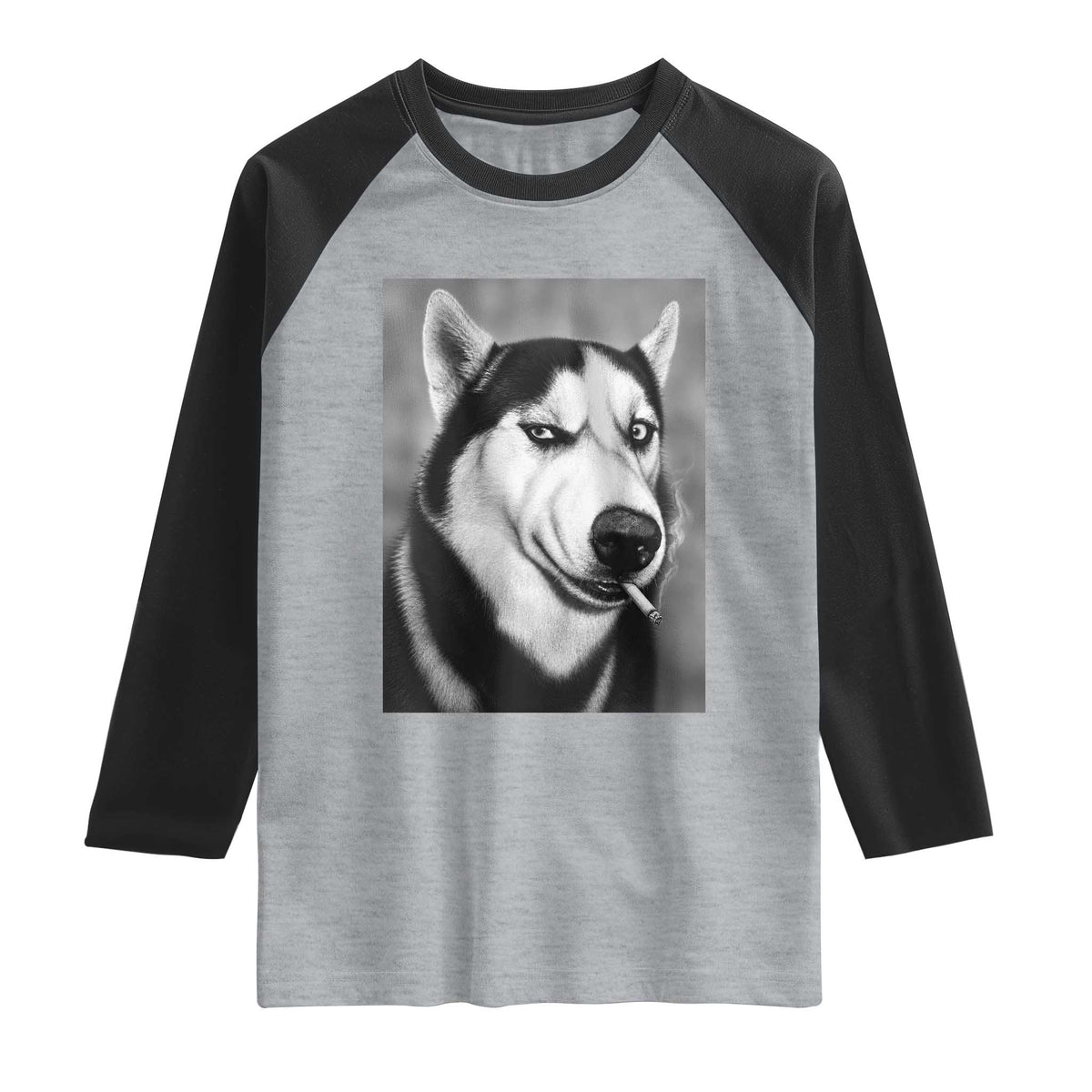 Smoking Siberian Husky Meme Raglan Shirt Funny Dog Face Gift For Dog Lovers TS12 Heather Gray Black Print Your Wear
