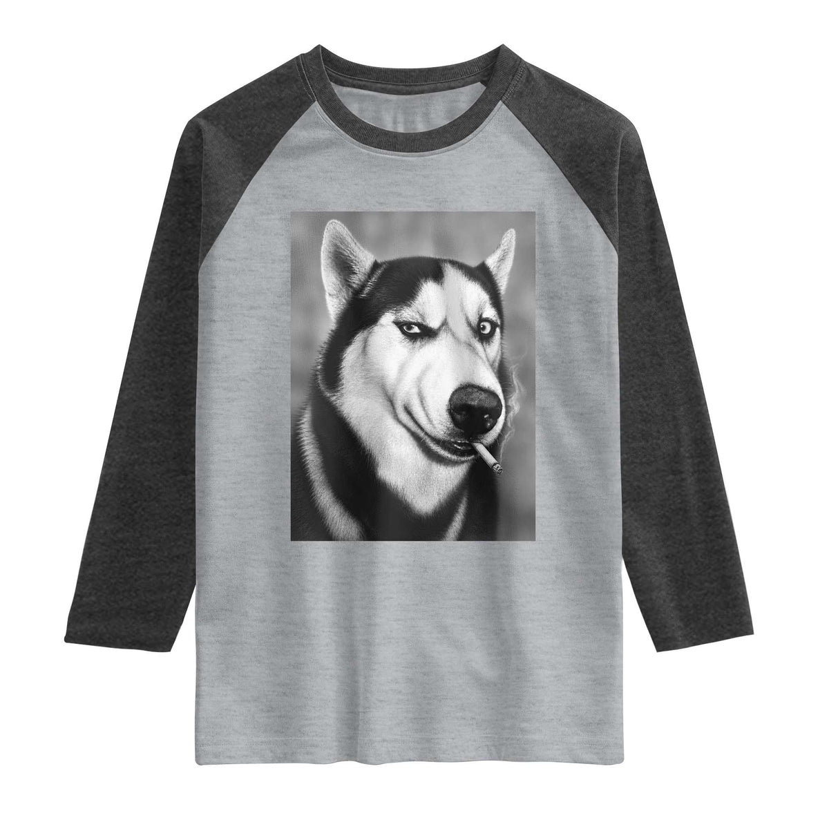 Smoking Siberian Husky Meme Raglan Shirt Funny Dog Face Gift For Dog Lovers TS12 Heather Gray Heather Charcoal Print Your Wear