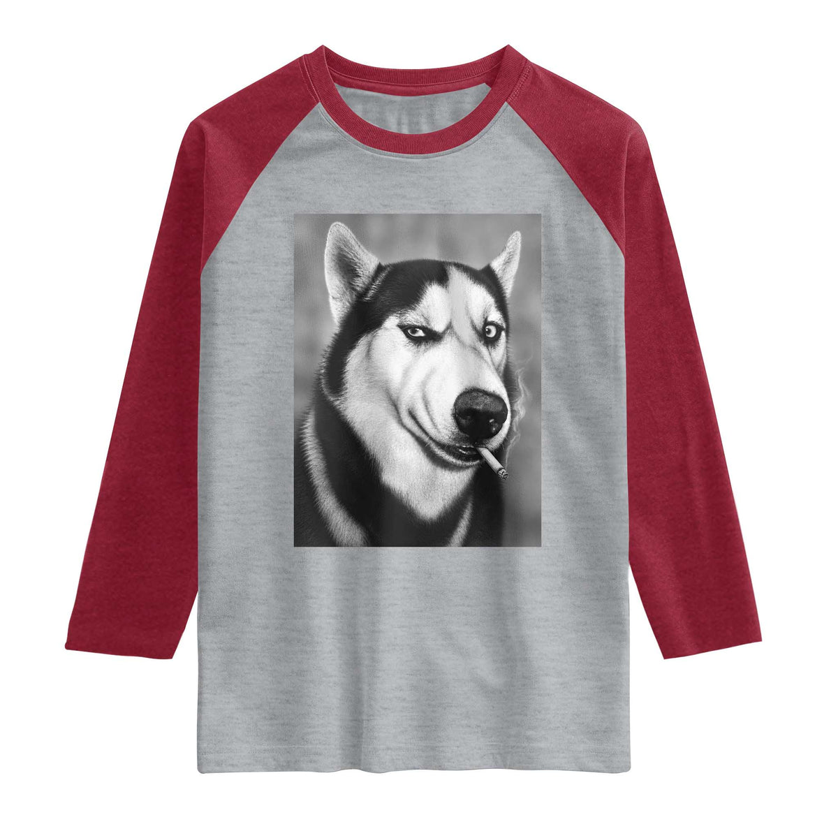 Smoking Siberian Husky Meme Raglan Shirt Funny Dog Face Gift For Dog Lovers TS12 Heather Gray Heather Red Print Your Wear