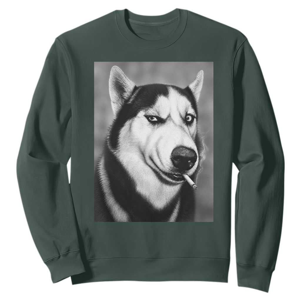 Smoking Siberian Husky Meme Sweatshirt Funny Dog Face Gift For Dog Lovers TS12 Dark Forest Green Print Your Wear