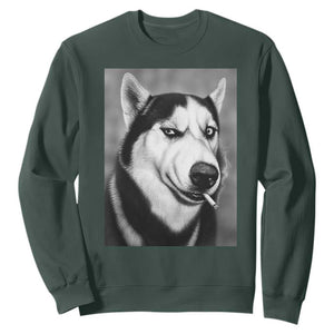 Smoking Siberian Husky Meme Sweatshirt Funny Dog Face Gift For Dog Lovers TS12 Dark Forest Green Print Your Wear