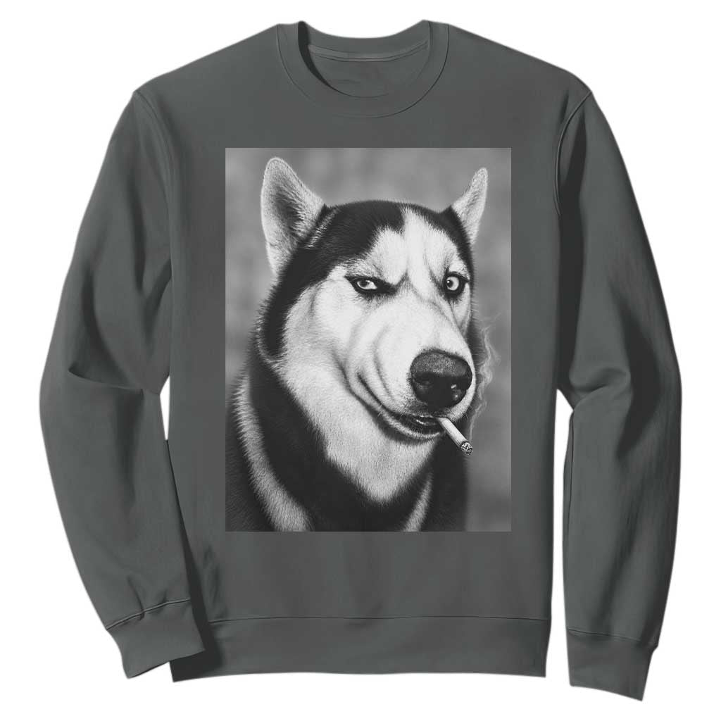 Smoking Siberian Husky Meme Sweatshirt Funny Dog Face Gift For Dog Lovers TS12 Dark Heather Print Your Wear