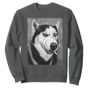 Smoking Siberian Husky Meme Sweatshirt Funny Dog Face Gift For Dog Lovers TS12 Dark Heather Print Your Wear