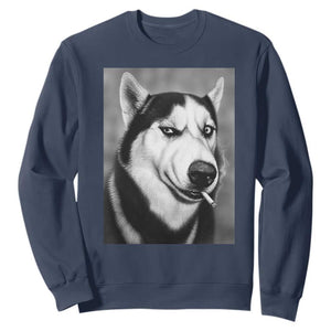 Smoking Siberian Husky Meme Sweatshirt Funny Dog Face Gift For Dog Lovers TS12 Navy Print Your Wear