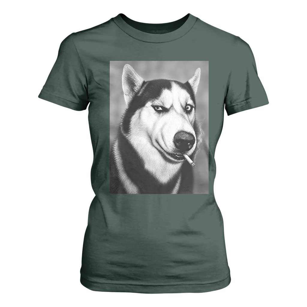 Smoking Siberian Husky Meme T Shirt For Women Funny Dog Face Gift For Dog Lovers TS12 Dark Forest Green Print Your Wear