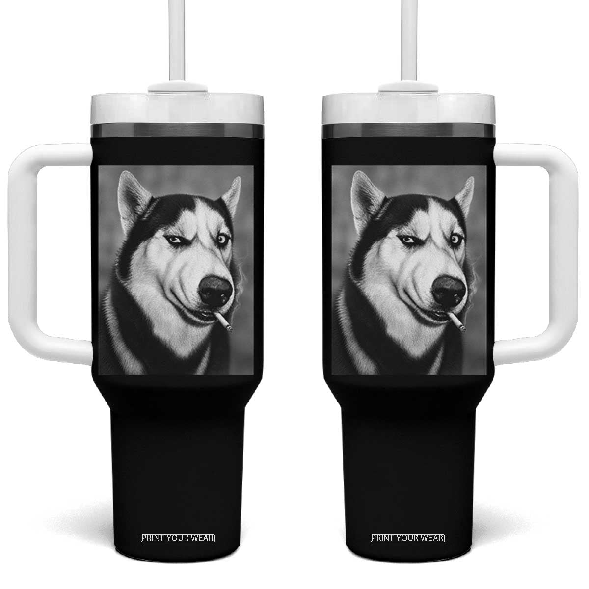 Smoking Siberian Husky Meme Tumbler With Handle Funny Dog Face Gift For Dog Lovers TS12 One Size: 40 oz Black Print Your Wear