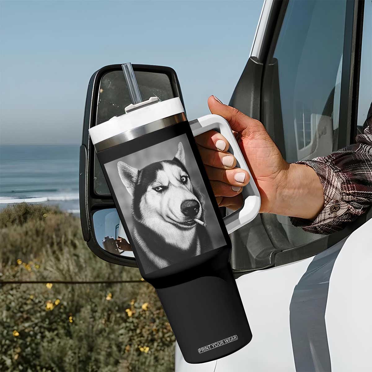 Smoking Siberian Husky Meme Tumbler With Handle Funny Dog Face Gift For Dog Lovers TS12 Print Your Wear