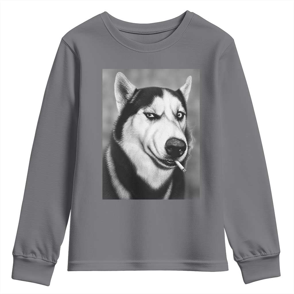 Smoking Siberian Husky Meme Youth Sweatshirt Funny Dog Face Gift For Dog Lovers TS12 Charcoal Print Your Wear