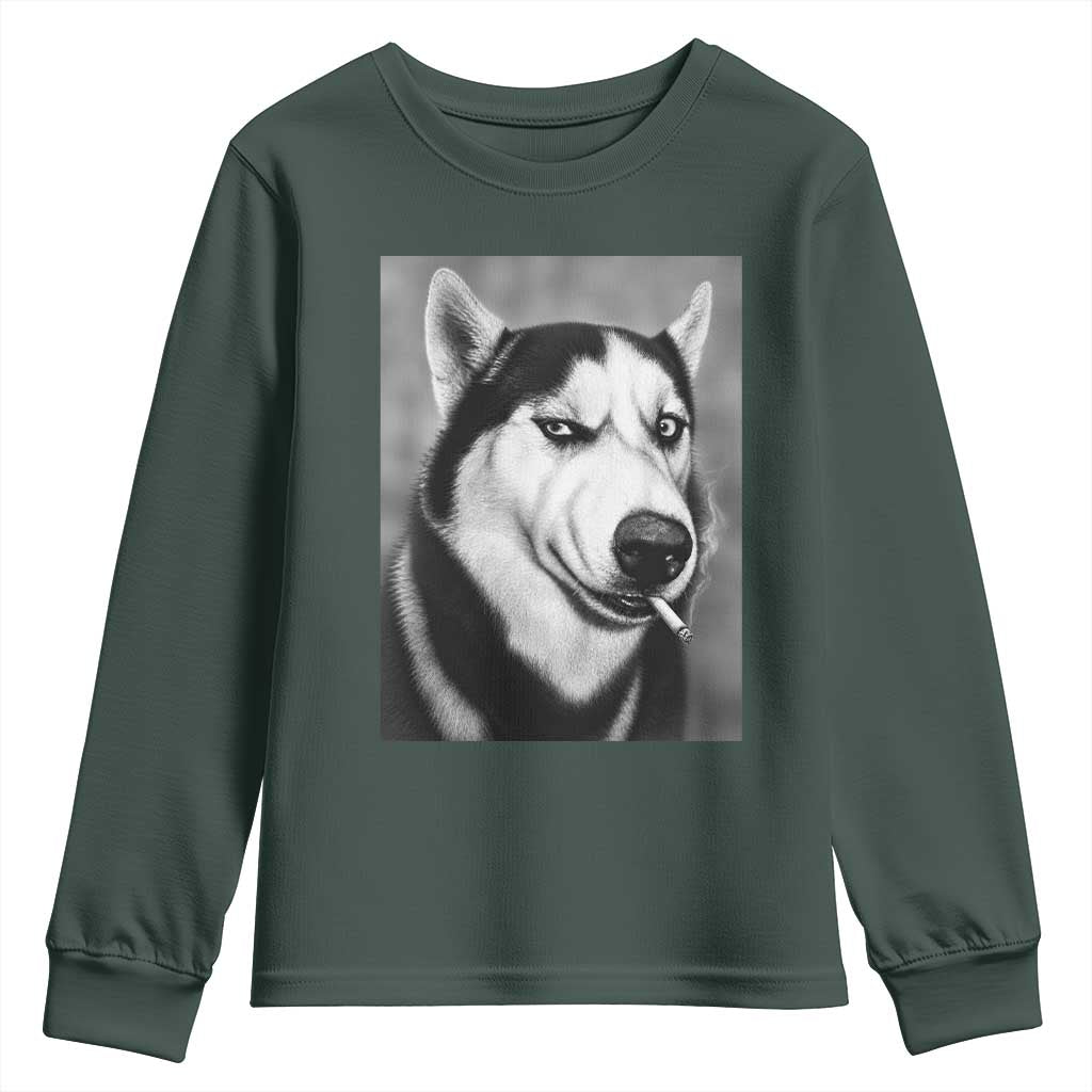 Smoking Siberian Husky Meme Youth Sweatshirt Funny Dog Face Gift For Dog Lovers TS12 Dark Forest Green Print Your Wear