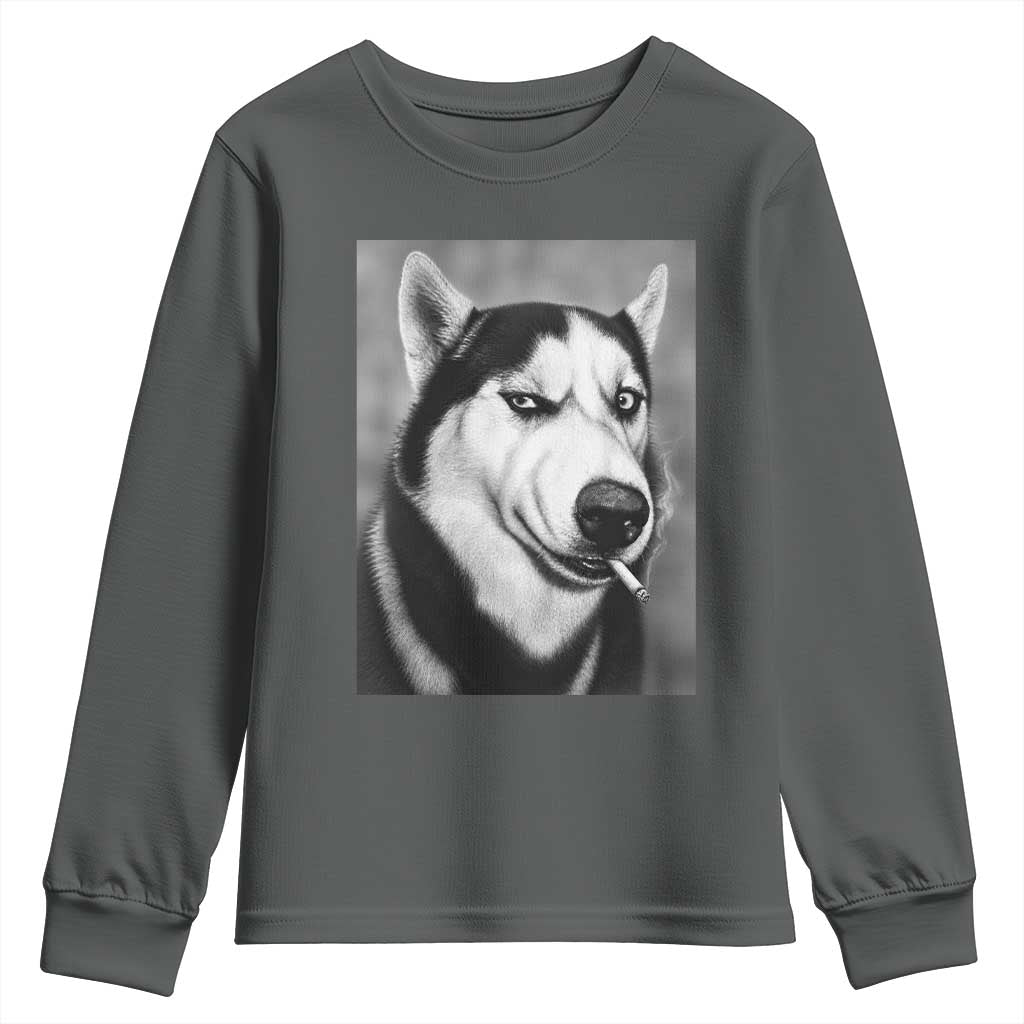 Smoking Siberian Husky Meme Youth Sweatshirt Funny Dog Face Gift For Dog Lovers TS12 Dark Heather Print Your Wear