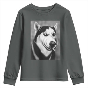 Smoking Siberian Husky Meme Youth Sweatshirt Funny Dog Face Gift For Dog Lovers TS12 Dark Heather Print Your Wear