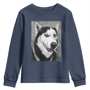 Smoking Siberian Husky Meme Youth Sweatshirt Funny Dog Face Gift For Dog Lovers TS12 Navy Print Your Wear