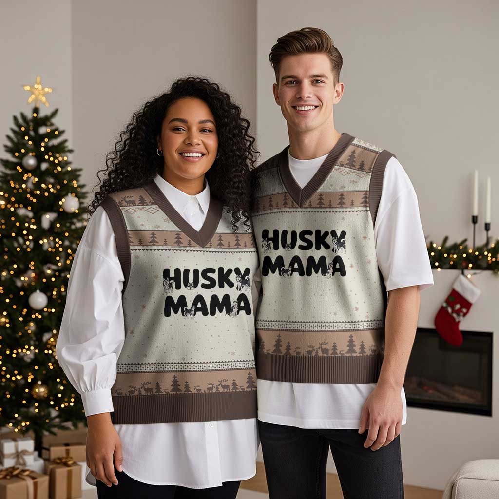 Proud Husky Mama V-Neck Knit Sweater Vest Siberian Husky Mothers Day Gift TS12 Mocha Mousse Print Your Wear