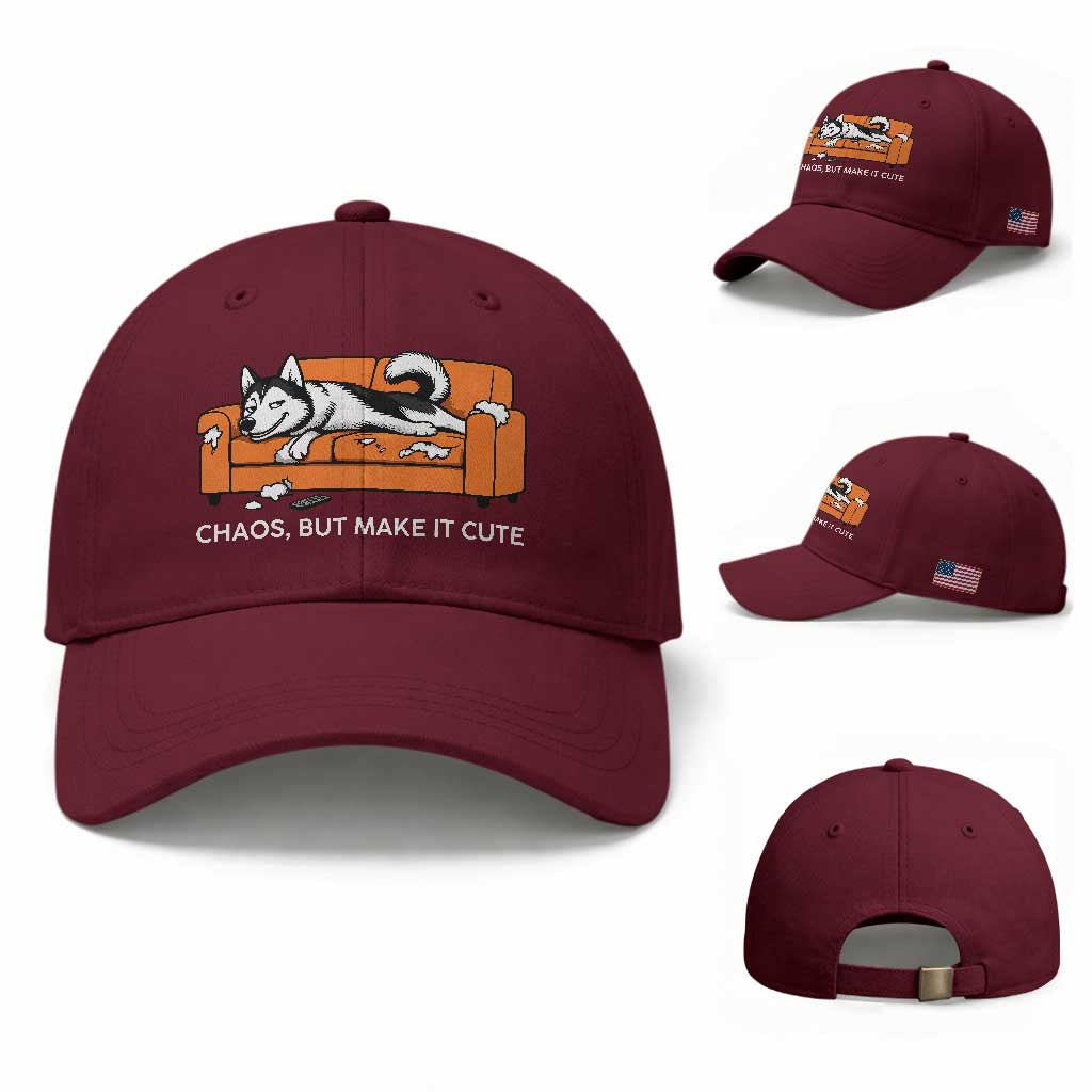 Mischievous Husky Owner Gift Baseball Cap Chaos But Make It Cute TS12 Baseball Cap Universal Fit Maroon Print Your Wear