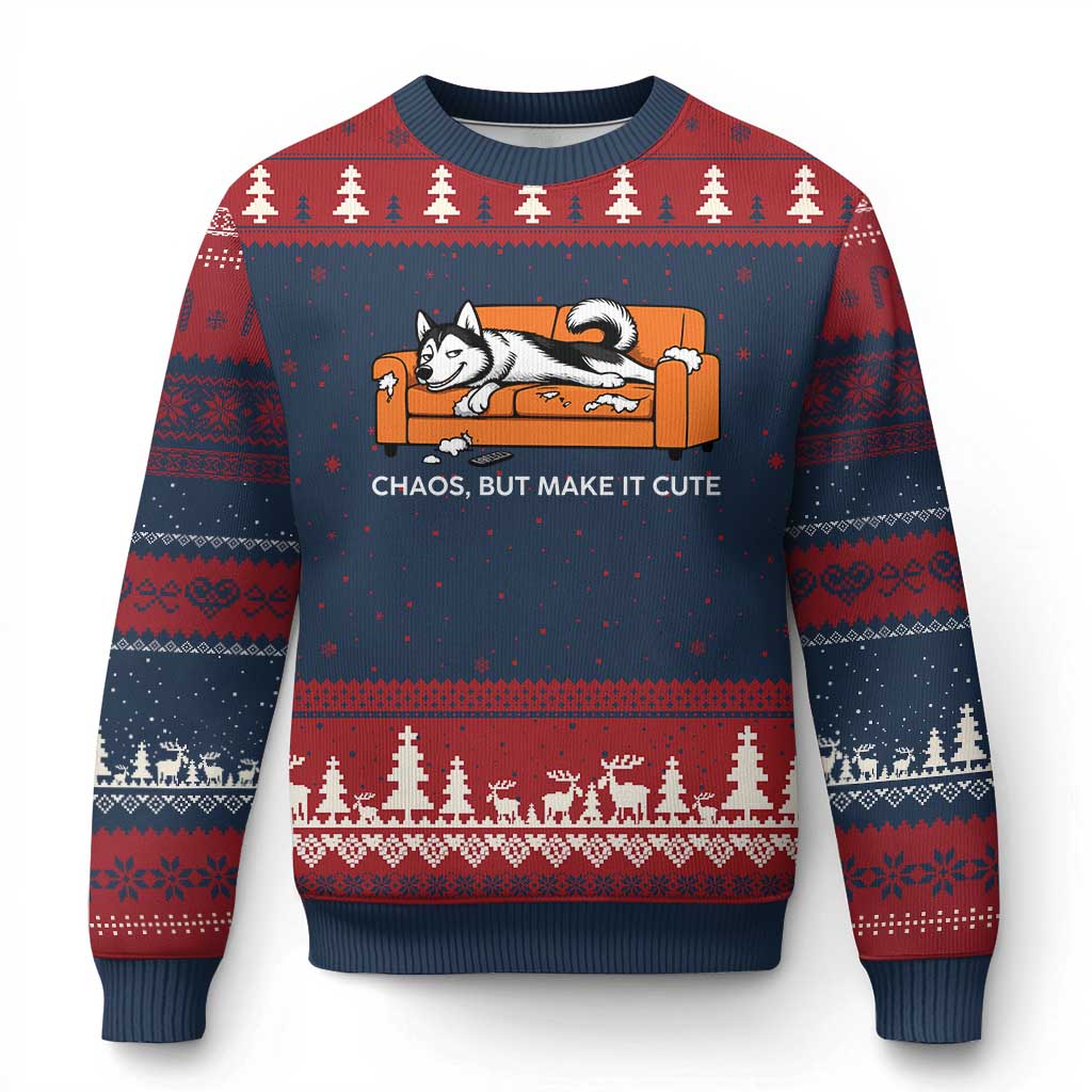 Mischievous Husky Owner Gift Ugly Christmas Sweater Chaos But Make It Cute TS12 Navy Red Print Your Wear
