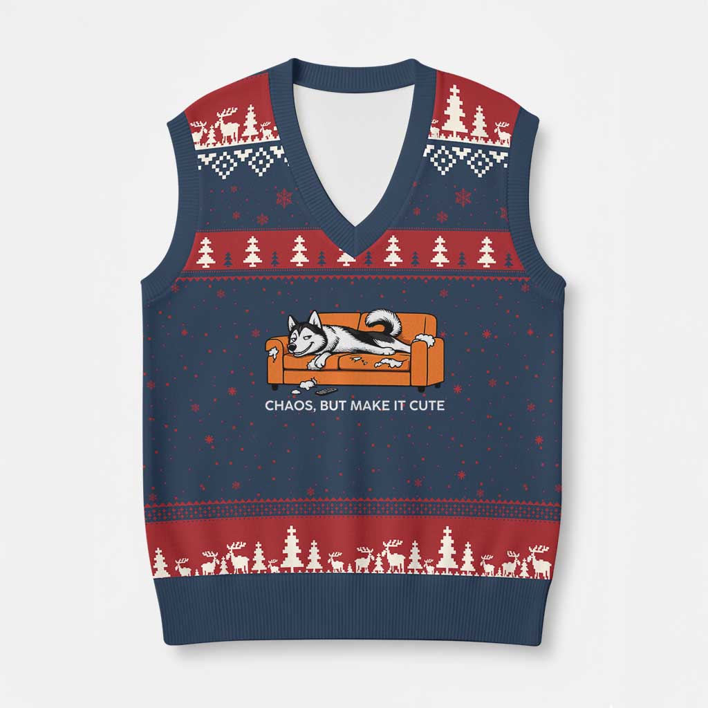 Mischievous Husky Owner Gift V-Neck Knit Sweater Vest Chaos But Make It Cute TS12 Navy Red Print Your Wear