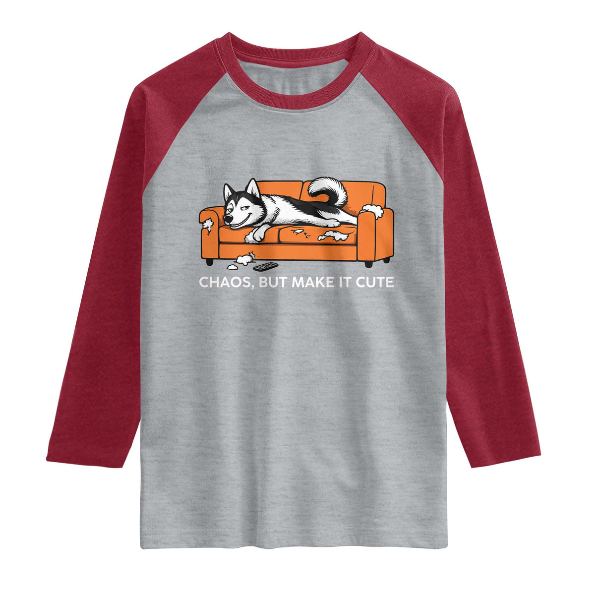Mischievous Husky Owner Gift Raglan Shirt Chaos But Make It Cute TS12 Heather Gray Heather Red Print Your Wear