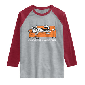 Mischievous Husky Owner Gift Raglan Shirt Chaos But Make It Cute TS12 Heather Gray Heather Red Print Your Wear