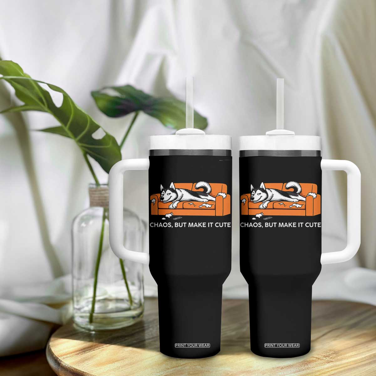 Mischievous Husky Owner Gift Tumbler With Handle Chaos But Make It Cute TS12 Print Your Wear