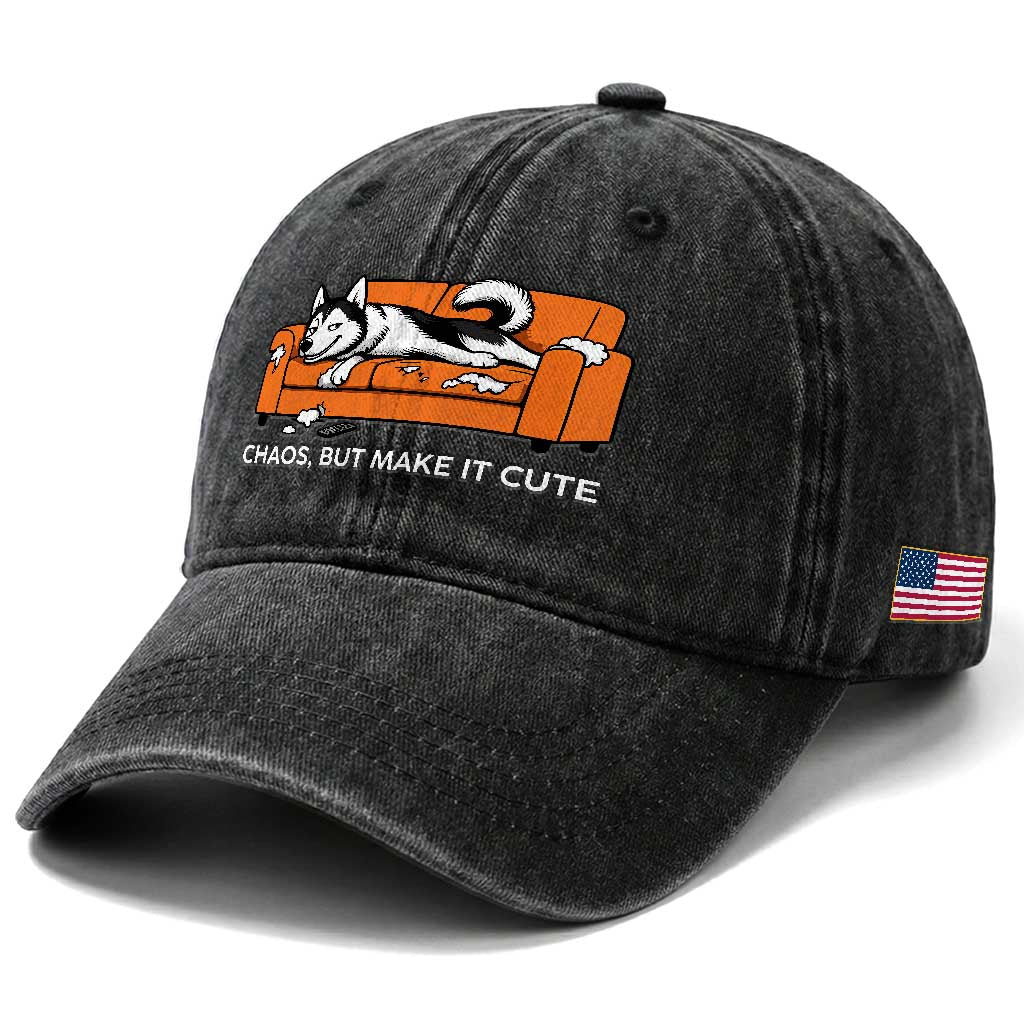 Mischievous Husky Owner Gift Washed Cotton Baseball Cap Chaos But Make It Cute TS12 Print Your Wear