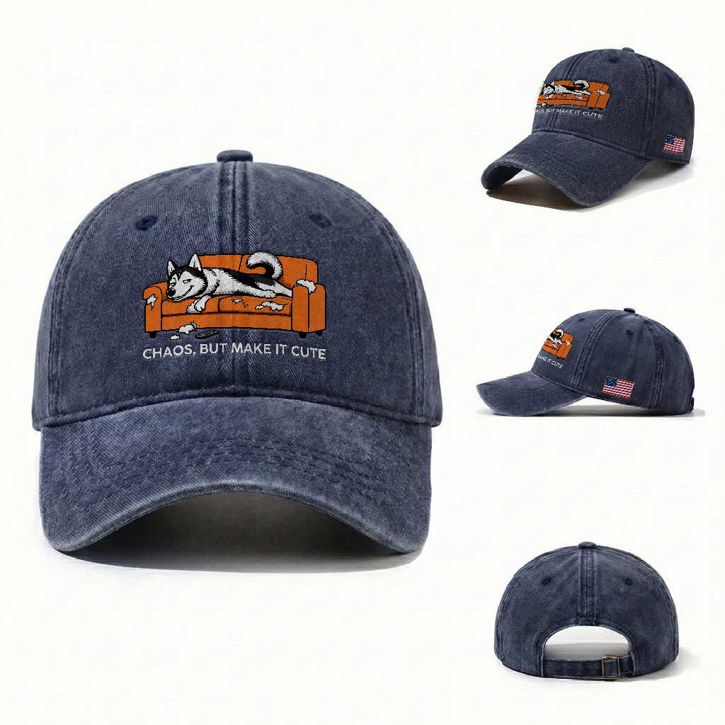 Mischievous Husky Owner Gift Washed Cotton Baseball Cap Chaos But Make It Cute TS12 Washed Cap Universal Fit Navy Print Your Wear