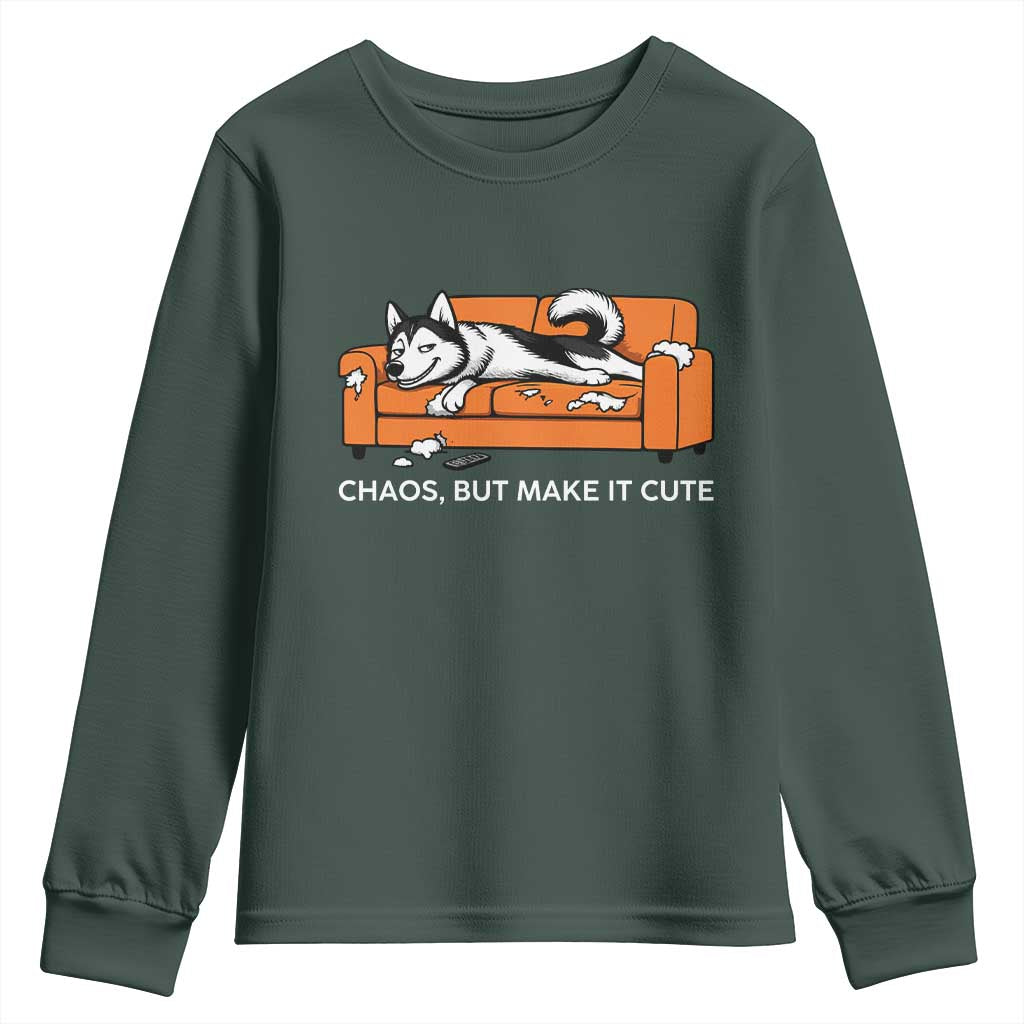 Mischievous Husky Owner Gift Youth Sweatshirt Chaos But Make It Cute TS12 Dark Forest Green Print Your Wear