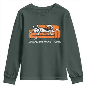 Mischievous Husky Owner Gift Youth Sweatshirt Chaos But Make It Cute TS12 Dark Forest Green Print Your Wear