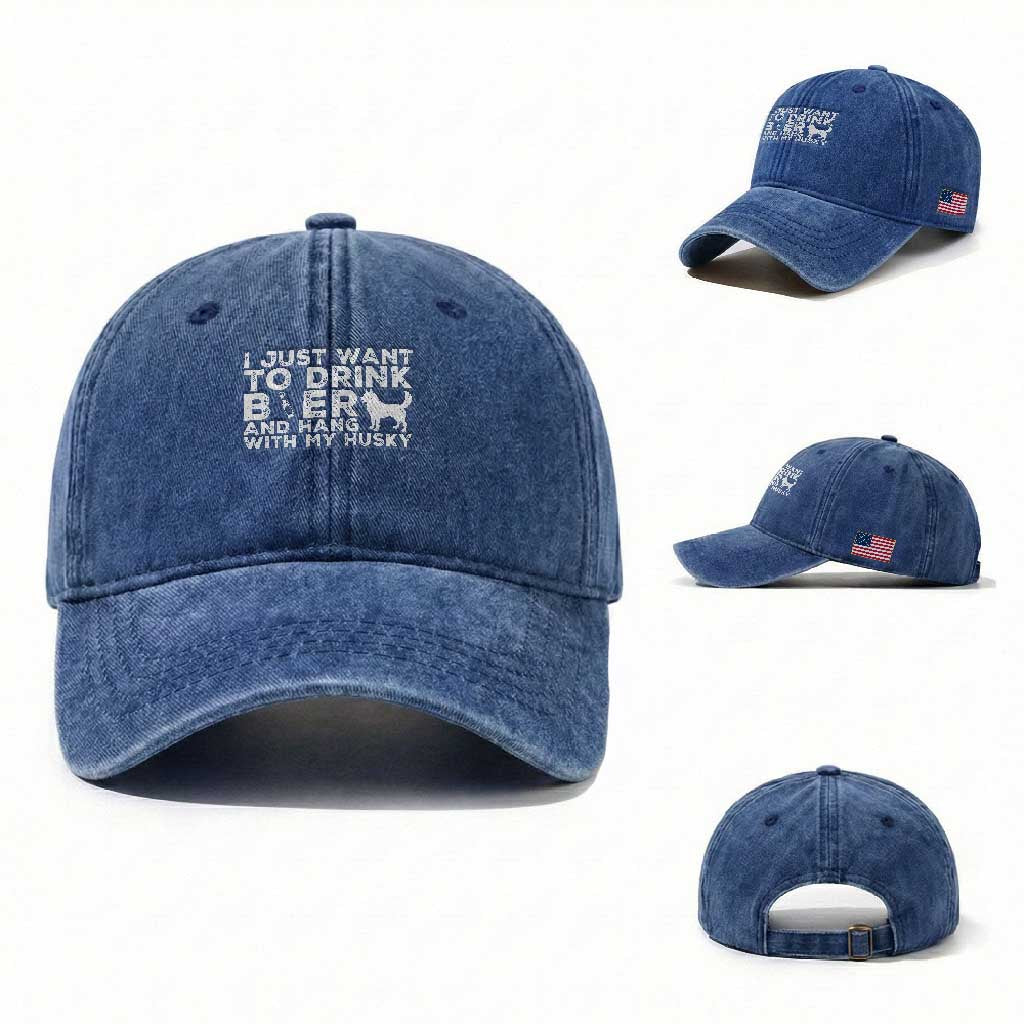 Drink Beer And Hang With My Husky Washed Cotton Baseball Cap Funny Dog Lover TS12 Washed Cap Universal Fit Royal Blue Print Your Wear