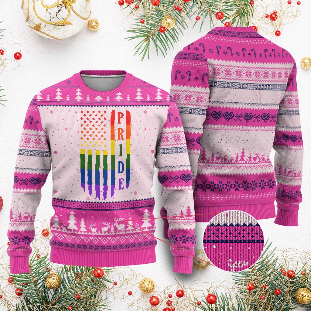 Pride Month Rainbow Flag Graphic Ugly Christmas Sweater Lesbian Gay LGBT America Flag TS12 Hot Pink Print Your Wear