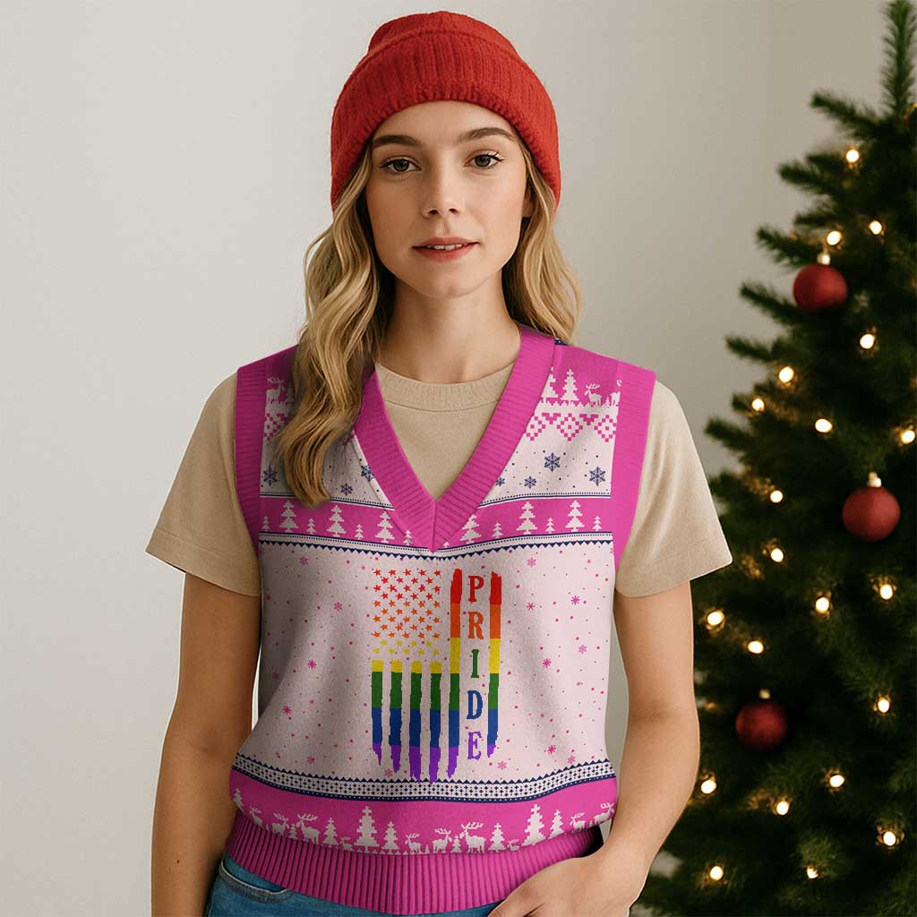 Pride Month Rainbow Flag Graphic V-Neck Knit Sweater Vest Lesbian Gay LGBT America Flag TS12 Hot Pink Print Your Wear