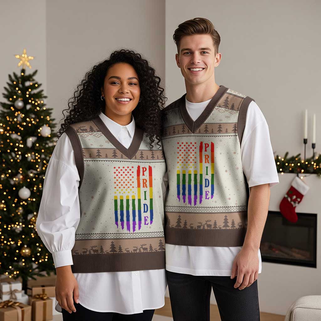 Pride Month Rainbow Flag Graphic V-Neck Knit Sweater Vest Lesbian Gay LGBT America Flag TS12 Mocha Mousse Print Your Wear