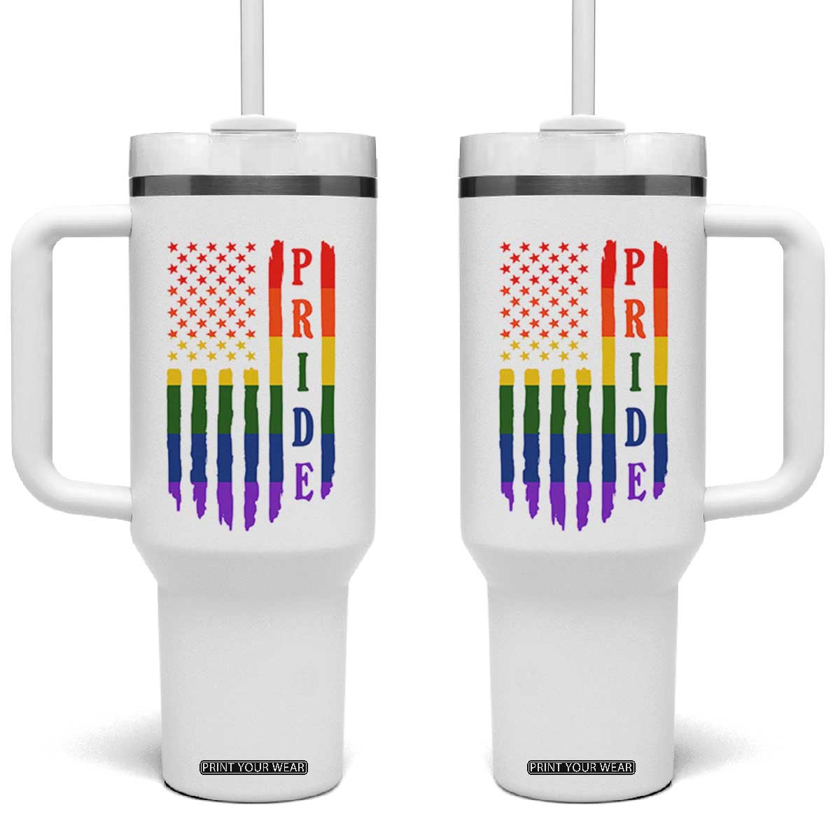 Pride Month Rainbow Flag Graphic Tumbler With Handle Lesbian Gay LGBT America Flag TS12 One Size: 40 oz White Print Your Wear