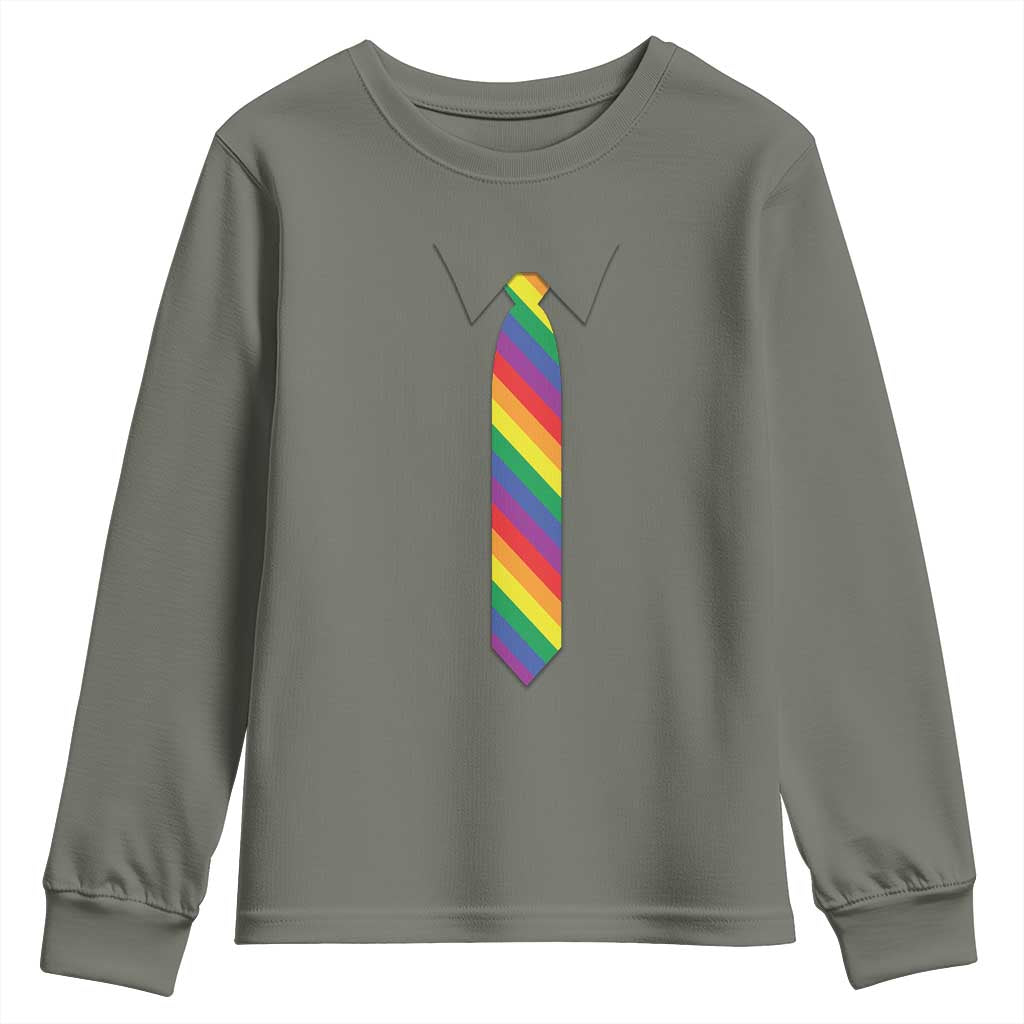 Funny Rainbow Striped Necktie Youth Sweatshirt LGBT Pride Support Graphic TS12 Military Green Print Your Wear