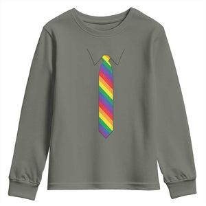Funny Rainbow Striped Necktie Youth Sweatshirt LGBT Pride Support Graphic TS12 Military Green Print Your Wear
